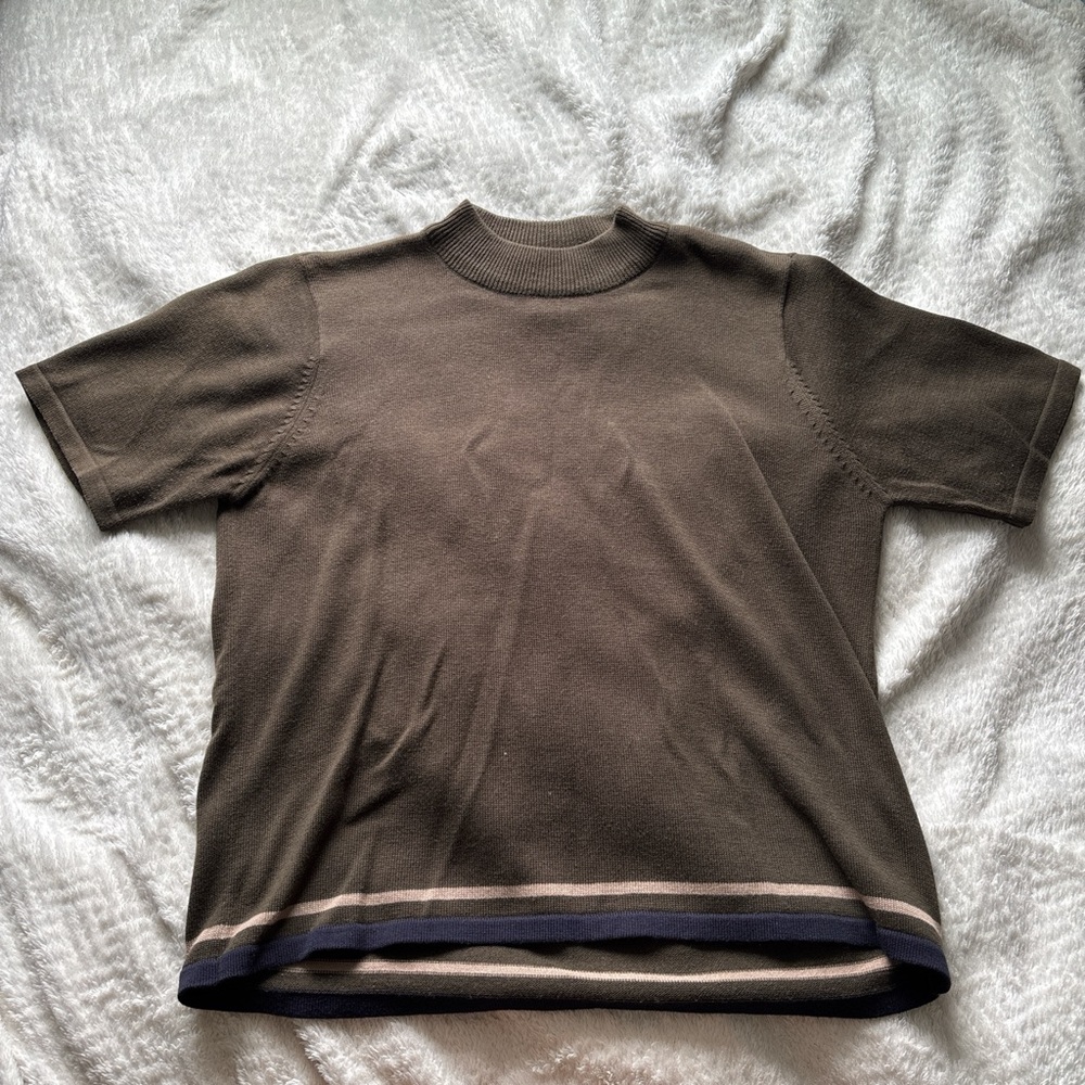 Brown Short Sleeve Sweater with Striped Hem